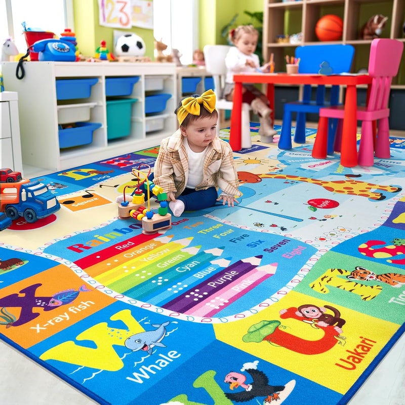 B BENRON Kids Rugs for Playroom Washable, Educational and Fun Learning Rugs with ABC Alphabet Animals Shapes, Baby Toddler Children's Play Mat for Bedroom Classroom Nursery, 3x5 Feet, Blue - Image 5
